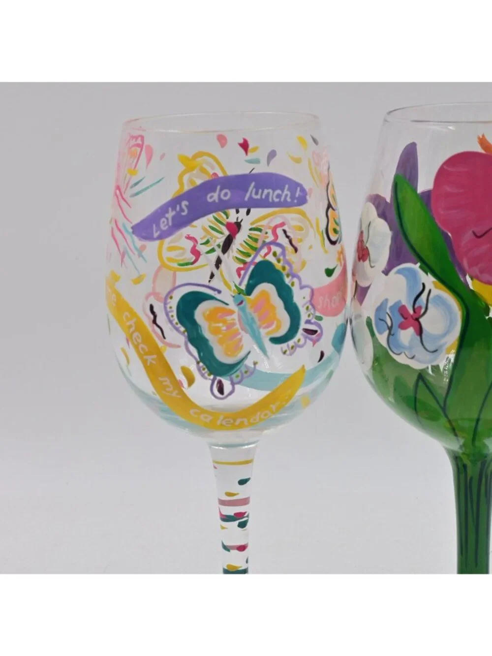 Lolita Hand Painted Wine Glasses Floral & Butterfly Designs 2 Piece Set